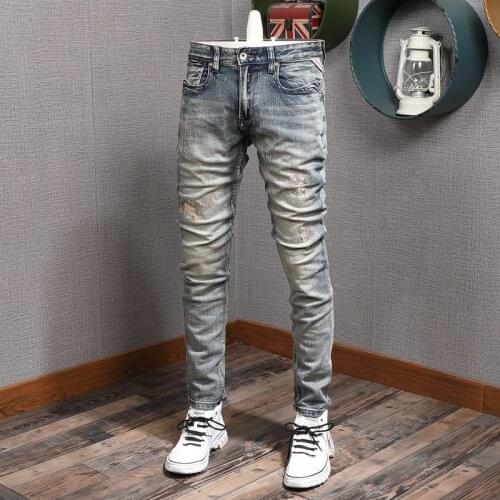 European American Street Fashion Men Jeans Retro Yellow Blue Slim Fit Ripped Jeans Men Patchwork Embroidery Designer Denim Pants