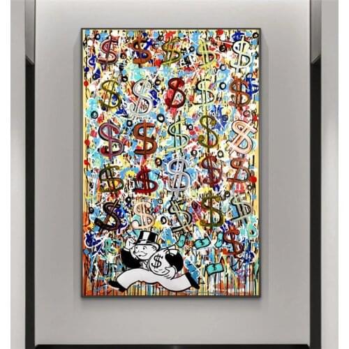 Graffiti Dollar Monopoly Man Funny Posters and Prints Raining Money Wall Art Abstract Canvas Painting for Living Room Decoration