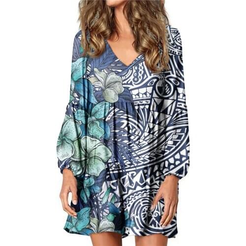 Hycool New Lantern Sleeve Casual Dresses Wholesale Polynesia Dress Plus Size Loose Sexy V Neck WomenS Mini Birthday Dress 2021