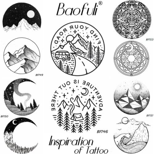 Baofuli Pencil Sketch Mountain Tree Temporary Tattoo Seal Body Art Tattoo Black Geometric Fake Tattoo Moon Car Galaxy Women Men
