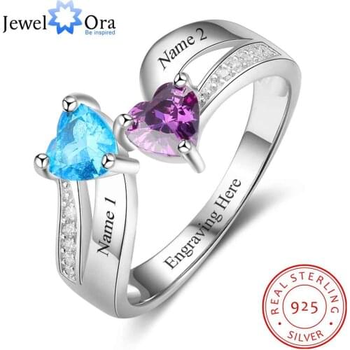Heart Shape Promise Rings Personalized Birthstone Engrave 2 Names 925 Sterling Silver Jewelry Gift For Her (JewelOra RI103266)