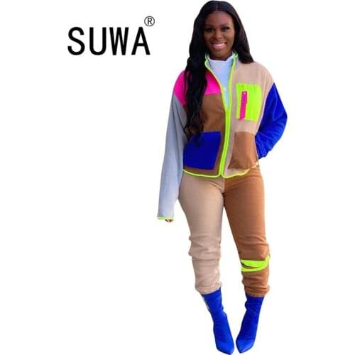 INS Neon Patchwork Fall Winter Cool Girl BF Style Matching Sets For Women Long Sleeve Coats Jacket High Waist Skinny Leggings