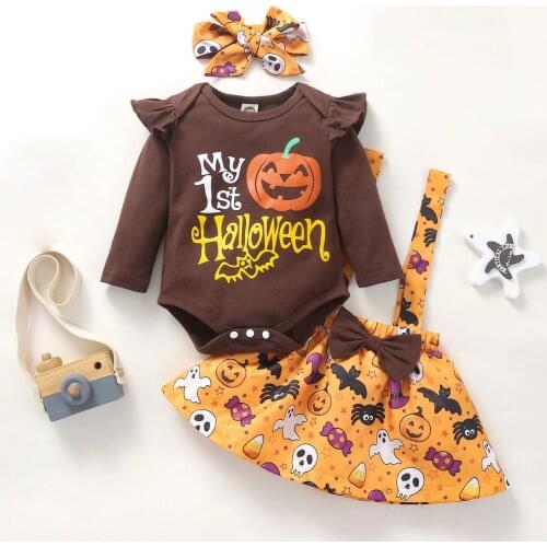 Baby Girl’s Three Piece Suit Cute Halloween Print Long Sleeve Romper and Suspender Skirt with Headband