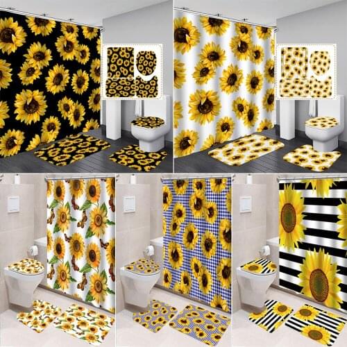Beautiful Sunflower Shower Curtain Set Bath Mats Rugs Waterproof Polyester Bathroom Curtains Toilet Cover Mat Non-Slip Rug Sets