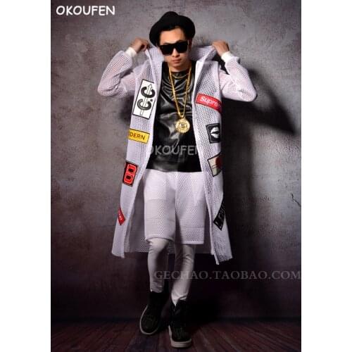 Fashion White mesh cloth collage long cloak costumes Star nightclub bar singer DJ DS performance clothing hip hop dance wear