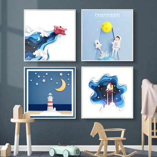 Moon Star Space Rocket Poster And Prints Planets Spaceship Baby Cartoon Wall Art Canvas Painting Science Poster Kids Home Decor