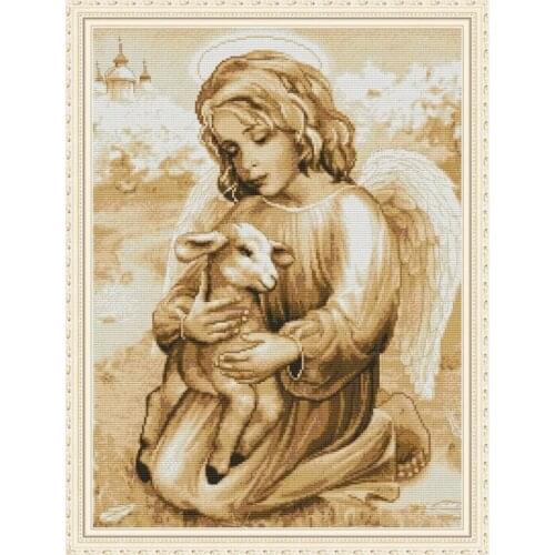 Angel and Lamb Counted Cross Stitch Kits Printed Fabric Embroidery Needlework Sets 11CT 14CT DIY Handmade Crafts Home Decoration