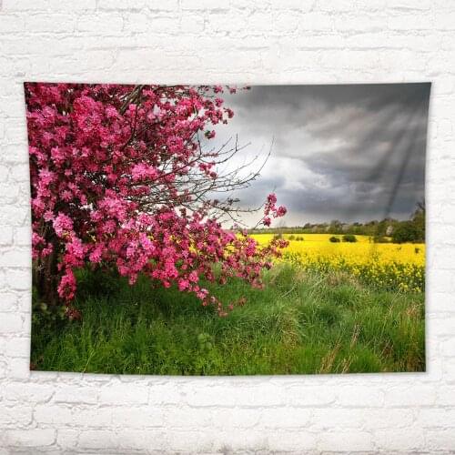 Spring Pink Cherry Blossoms Wall Hanging Tapestry Beautiful Flower Green Grass Nature Scenery Tapestry Beach Towel Carpet Decor
