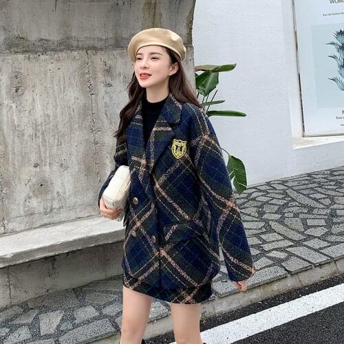 Spring Autumn Fashion Small Fragrance Age Reduction Plaid Tweed Wool Blazer Woolen Short Skirt British College Style Two-piece
