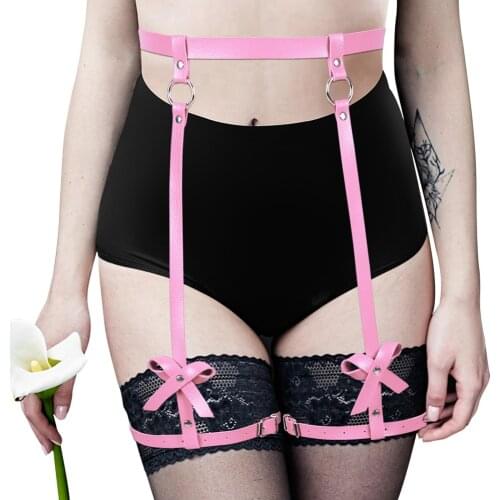 Pink Bow Punk Accessories Leather Harness Fashion Womens Underwear Sexy Lingerie Garters Stocking Belt Fetish Erotic
