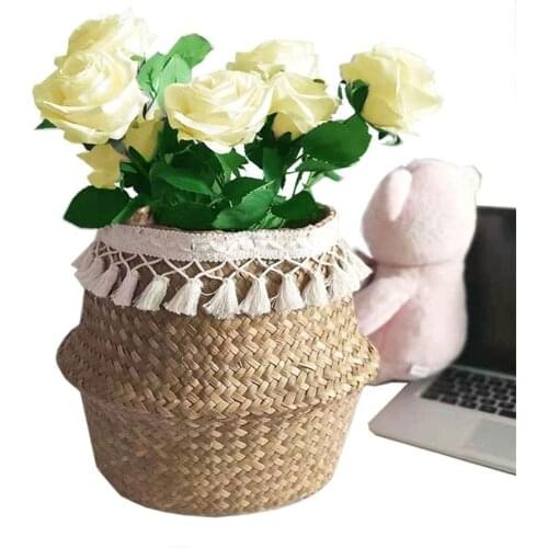 Folding Storage Basket Rattan Straw Wicker Flower Pot Seagrasss Gardens Plant Vase Home Decorative Hanging Basket Pot Planter