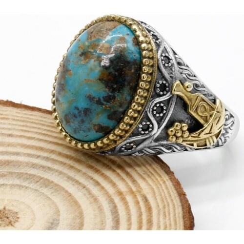 Vintage Turquoise Ring for Men 925 Sterling Silver Oval Natural Gemstone Lucky Turkish Handmade Retro Jewelry Anniversary Gift