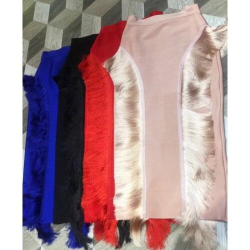 Top Quality Celebrity Pink Red Black Blue Knee Length Tassel Rayon Bandage Skirt Night Club Party Skirt