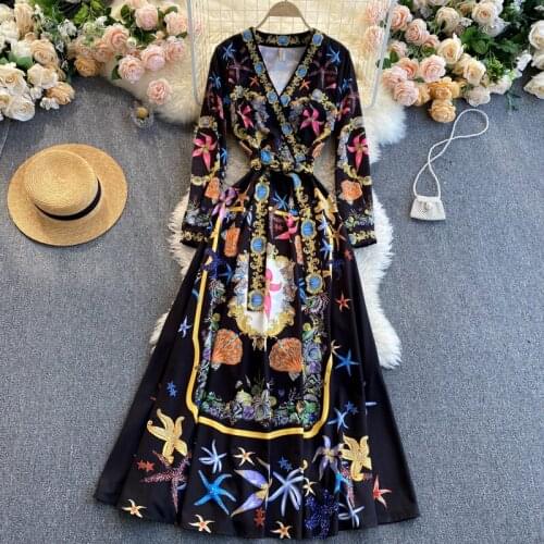 Womens Spring Summer Runway Fashion Long Sleeve Vintage Print Dress Female Travel Chic Party Beach Dress TB1784