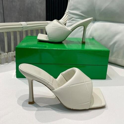 Women Slippers Rhombus Leather Mules High Heels Classic Square Toe Summer Shoes Woman Candy Color Runway Party Women Sandals