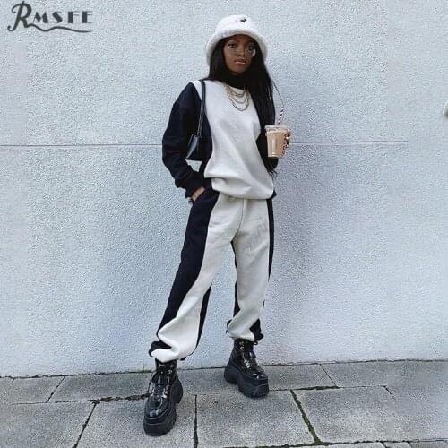 RMSFE 2021 European And American Womens Long Sleeve Round Neck Minority Black And White Splicing Sweater Casual Pants Set
