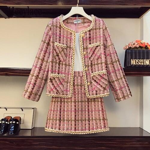 Plus Size Autumn Winter Elegant Tweed Two Piece Set High Quality Women O-Neck Long Sleeve Single-breasted Coat + Mini Skirt Suit