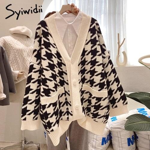 Syiwidii Sweater Oversized Cardigans Women Houndstooth Jacket V-Neck Autumn Winter 2021 Chic Knitted Loose Tops Warm Coat Purple