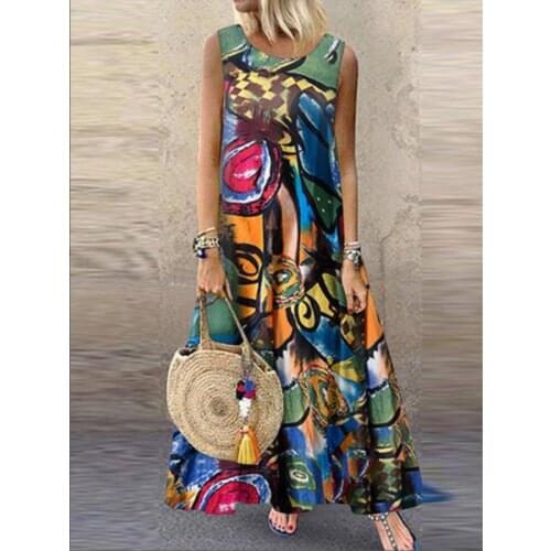 Women Graffiti Print Dress Boho Summer Sleeveless O Neck Loose Dressess Robe Elegant Party Long Maxi Dress Vestidos Plus Size