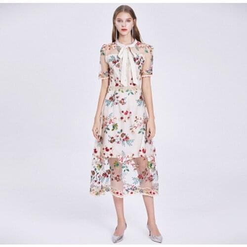 High Quality Summer Women Dress Runway Fashion Mesh Colorful Flowers Embroidery Bow Elegant Holiday Party Long Dress