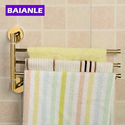 Golden Bathroom Kitchen Rotating Towel Holder 3 Movable Rod Towel Bar Belt Towel Rack Bathroom Accessories