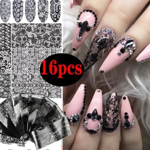 16pcs Nail Art Black White Lace Starry Sticker 3D Lace Flower Design Nail Art Manicure Tip Nail Stickers Decal DIY Decoration