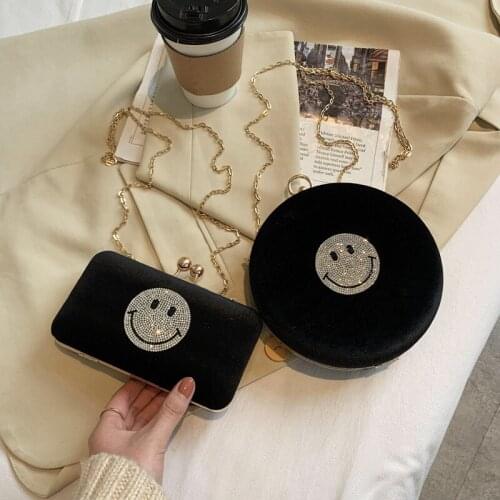 2021 Popular Woman Bag Fashion Smiley Face Rhinestone One Shoulder Diagonal Dinner Bag Suede