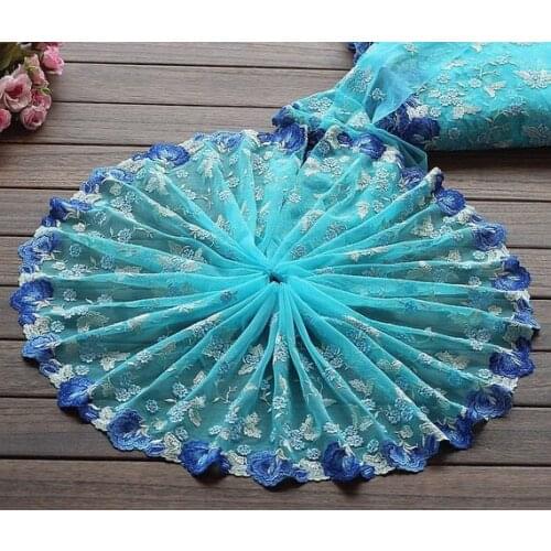 2yds Lace Trim Exquisite Blue Flower Embroidered Cyan Tulle Lace 9" Wide