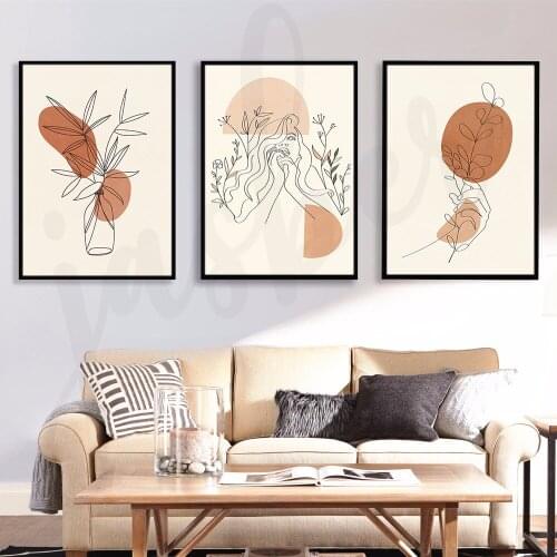 Abstract Art Line Woman Feature and Flower Decorative Painting Simple Nordic Boho Style Art Living Posters Home Decor