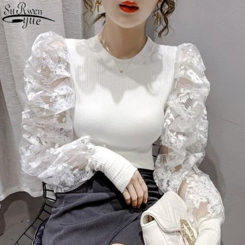Korean Style O-Neck Puff Long Sleeve Slim Lace Tops Female 2021 Autumn New Women Lace Knitted Shirt Spliced Blouse Sweet 11263
