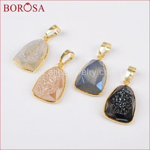 BOROSA Fashion Gold Color Natural Crystal Titanium Rainbow Druzy Faceted Pendant Druzy Pendant for Necklace Gems Jewelry ZG0191