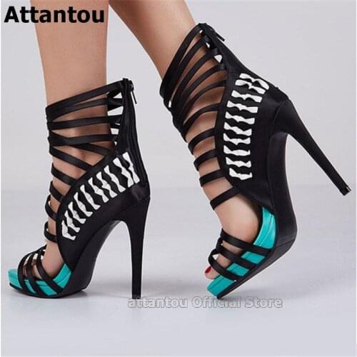 Mixed Color Cut-out Narrow Band Sandals Women Summer High Heel Sandalias Sexy Party Dress Shoes Women Zapatos Mujer Plus Size 45