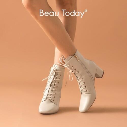 BeauToday Ankle Boots Women Sheepskin Genuine Leather Zip Lace-Up Square Toe High Heel Lady Boots Handmade 03372