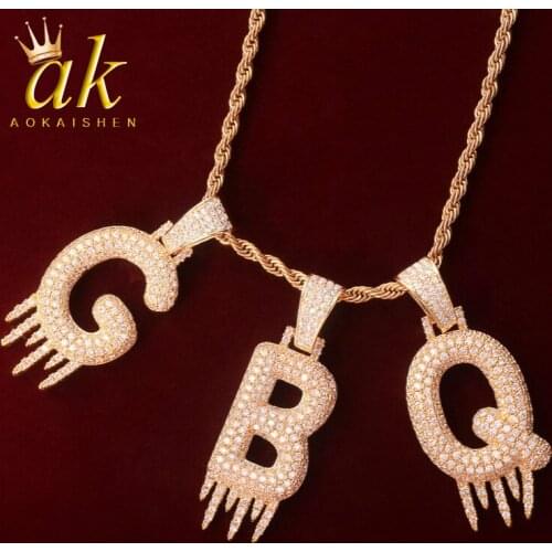 Solid Back Initials Drip Bubble Letters Pendant Necklaces With Rope Chain For Women Gold Colo Cubic Zircon Hip Hop Jewelry