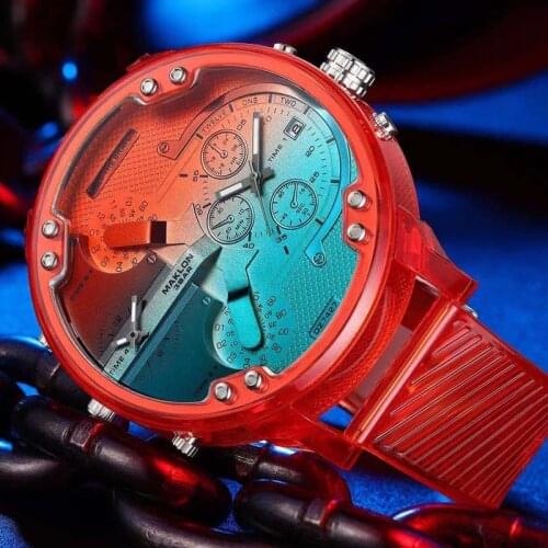 6cm Super Cool Large Case Quartz Watch Men Fashion Mens Watches Transparent Silicone Sports Wristwatch Man Dual Time Relogio New