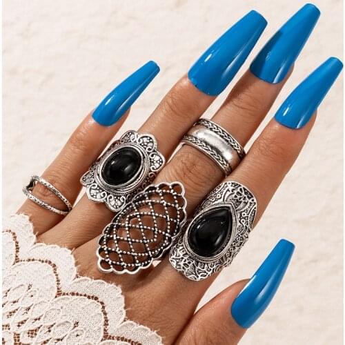 Docona 5pcs/set Vintage Black Big Rhinestone Joint Rings for Women Silver Color Hollow Metal Alloy Rings Set Jewelry Anillos