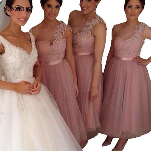 Elegant Appliques One Shoulder Ankle Length Bridesmaid Dresses Puffy Tulle Women Wedding Party Gowns Guest Dress BDS023