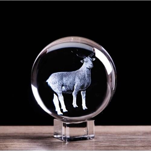 Zodiac Sheep Figurines 3D Laser Engraved Animal Statue Crystal Glass Ball Feng Shui Holiday Art Collectible Souvenirs with Stand