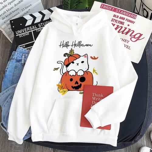 Happy Halloween Kitten Cute Print Hoodie Harajuku Aesthetic Sudaderas Hoodies Women Autumn Winter White Tops Pullover Sweatshirt