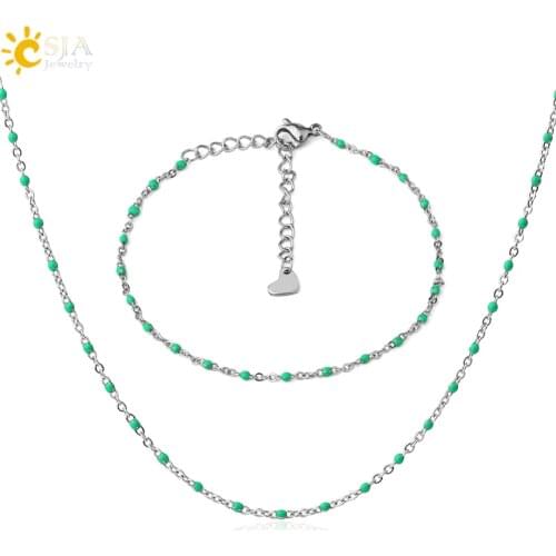 CSJA Jewelry Set Stainless Steel Necklace Bracelets Sets for Women Heart Charms Silver Color Chaine Collier Femme 2021 Boho S733
