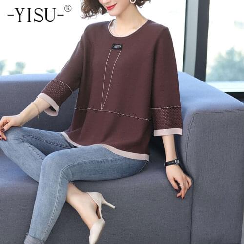 YISU Summer Loose Sweater O-Neck Middle sleeve Jumper Female tops Thin Casual Knitted Pullover Woman clothing 2021 New