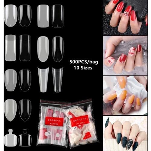 CHNRMJL 500Pcs/bag False Nail Art Tips Half Full Cover French Flat Shape Long Ballerina Clear/Natural Acrylic UV Gel Nail Tools