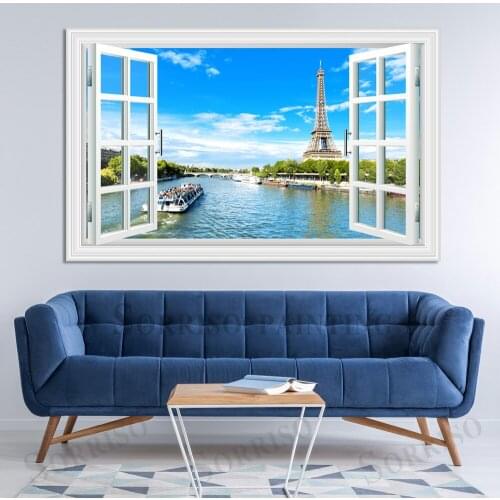 Eiffel Tower Lake Scenery Wall Art 3D Imitation Window Design Canvas Painting Posters Pictures Prints Home Living Room Decor