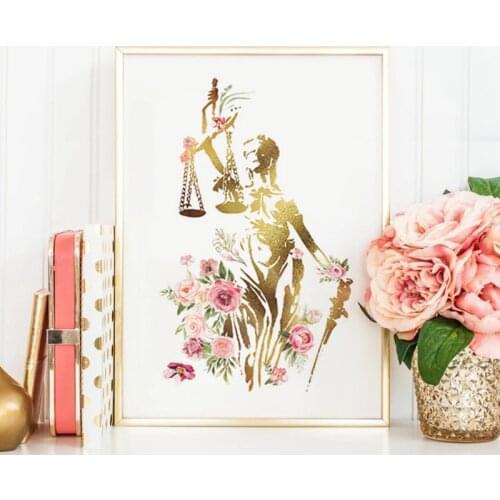 Lady Justice Wall Art Poster Print Law Scale Floral Canvas Painting Picture Attorney Watercolor Art Decoration Lawyer Office