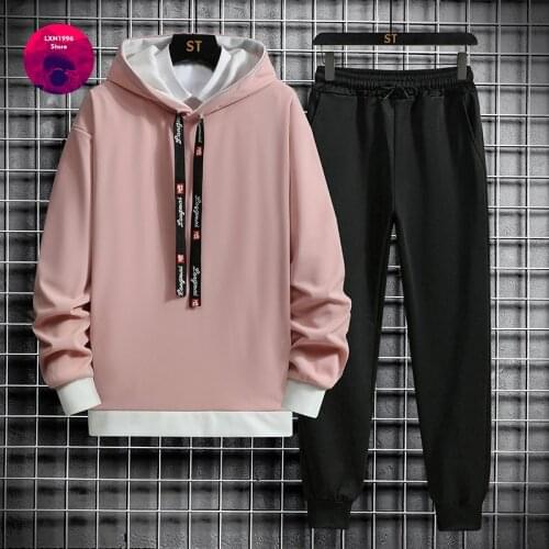 New Fashion Casual Mens Set Korean Style Solid Color Sweatpants and Hoodie Set Trousers Long Sleeve Pullover Sweatshirt Set