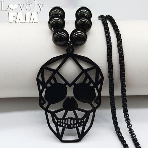 2021 Fashion Gothic Skull Stainless Steel Necklace Women Long Black Color Bead Necklaces Pendants Jewerly gargantilla N3023S03