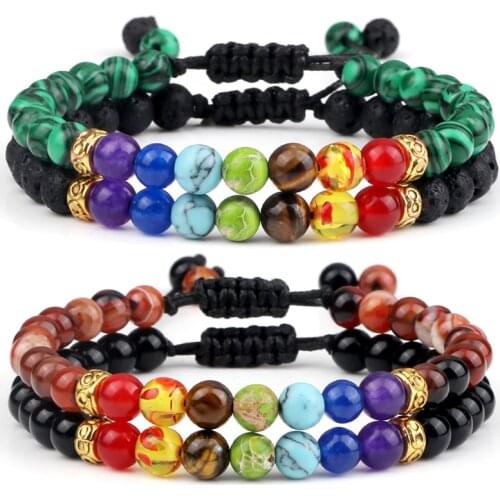 Couple Set Natural Stone Bracelet 7 Chakra Healing Yoga Reiki Prayer Lava Rock Beads Bracelets 6mm For Women Men Braided Jewelry