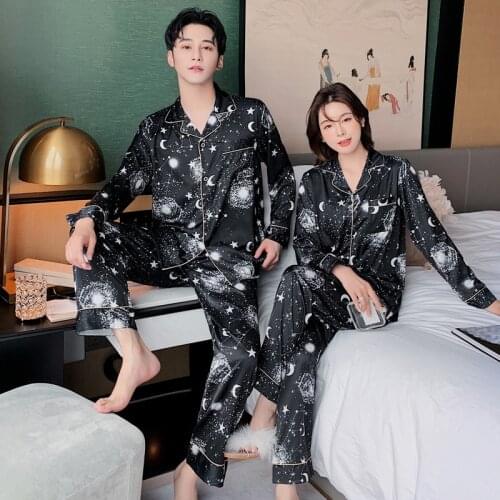 Couple Women Men Galaxy Star Moon Printed Satin Long Sleeve Pants Sleepwear 2 Pcs Lovers Female Pajamas Pyjamas Homewear