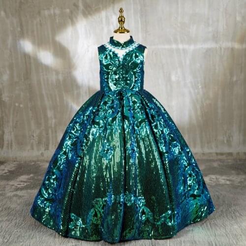 Flower Girl Dresses Crystal Sequined High Sleeveless Princess Floor-Length Jersey Lace Luxury Green Vintage Kids Party Gown H611
