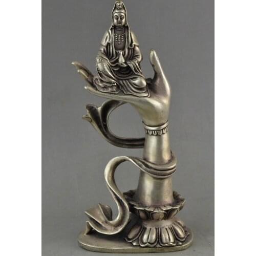 Elaborate Collectible Decorated Old Tibetan Silver Kwan-yin Sit In Buddha Hand Statue
